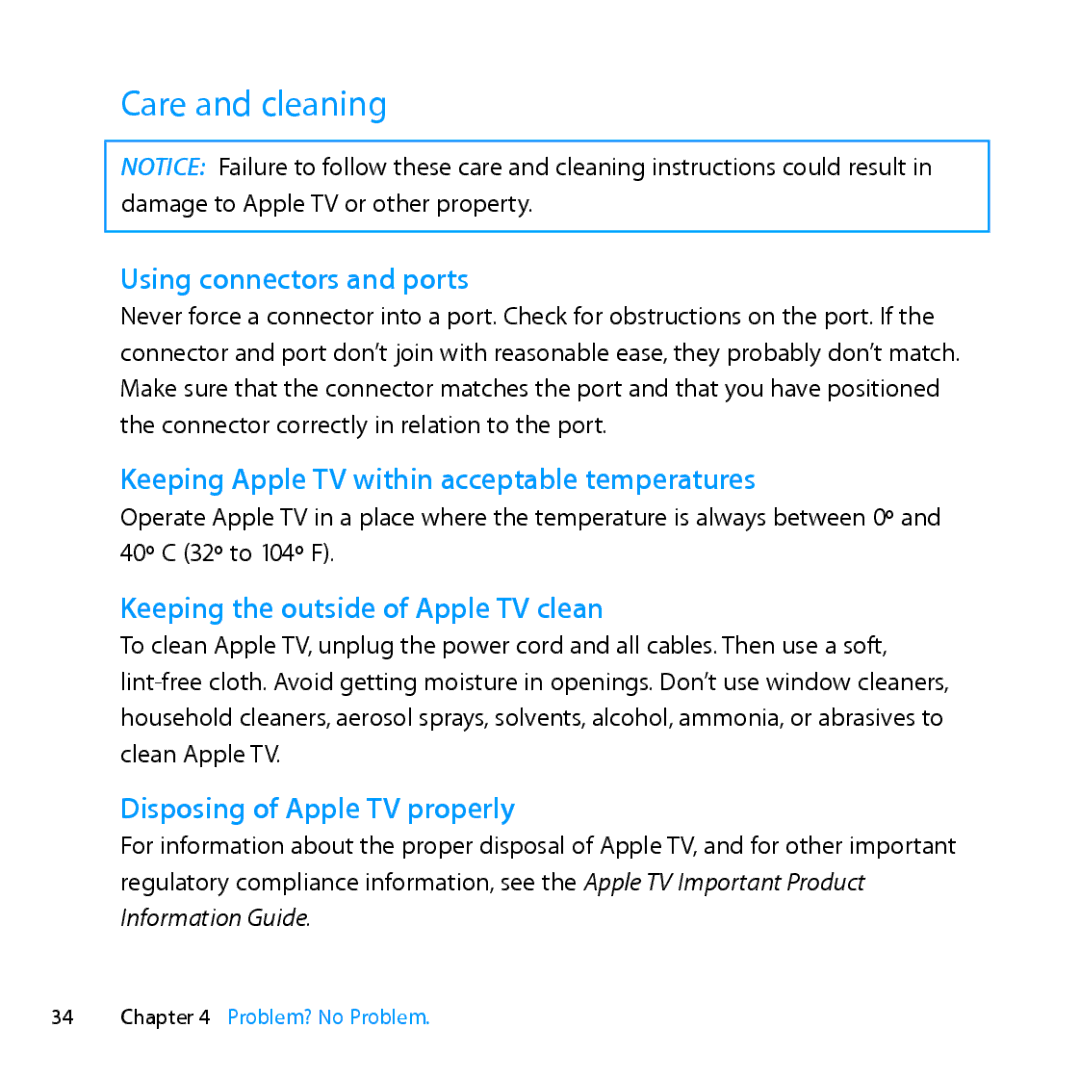 Apple MD199LL/A manual Care and cleaning, Using connectors and ports, Keeping Apple TV within acceptable temperatures 