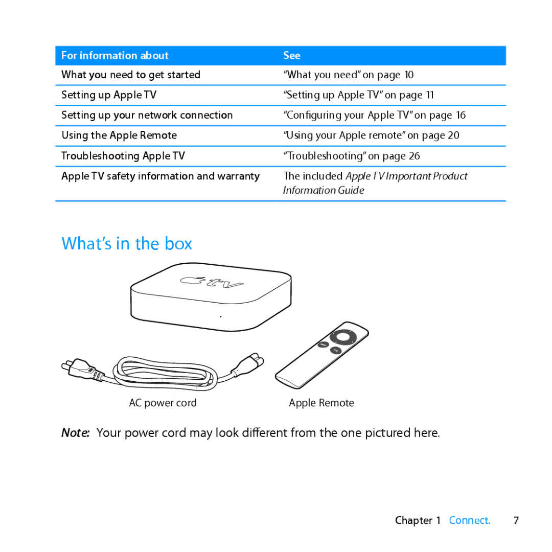 Apple MD199LL/A manual What’s in the box, For information about See 