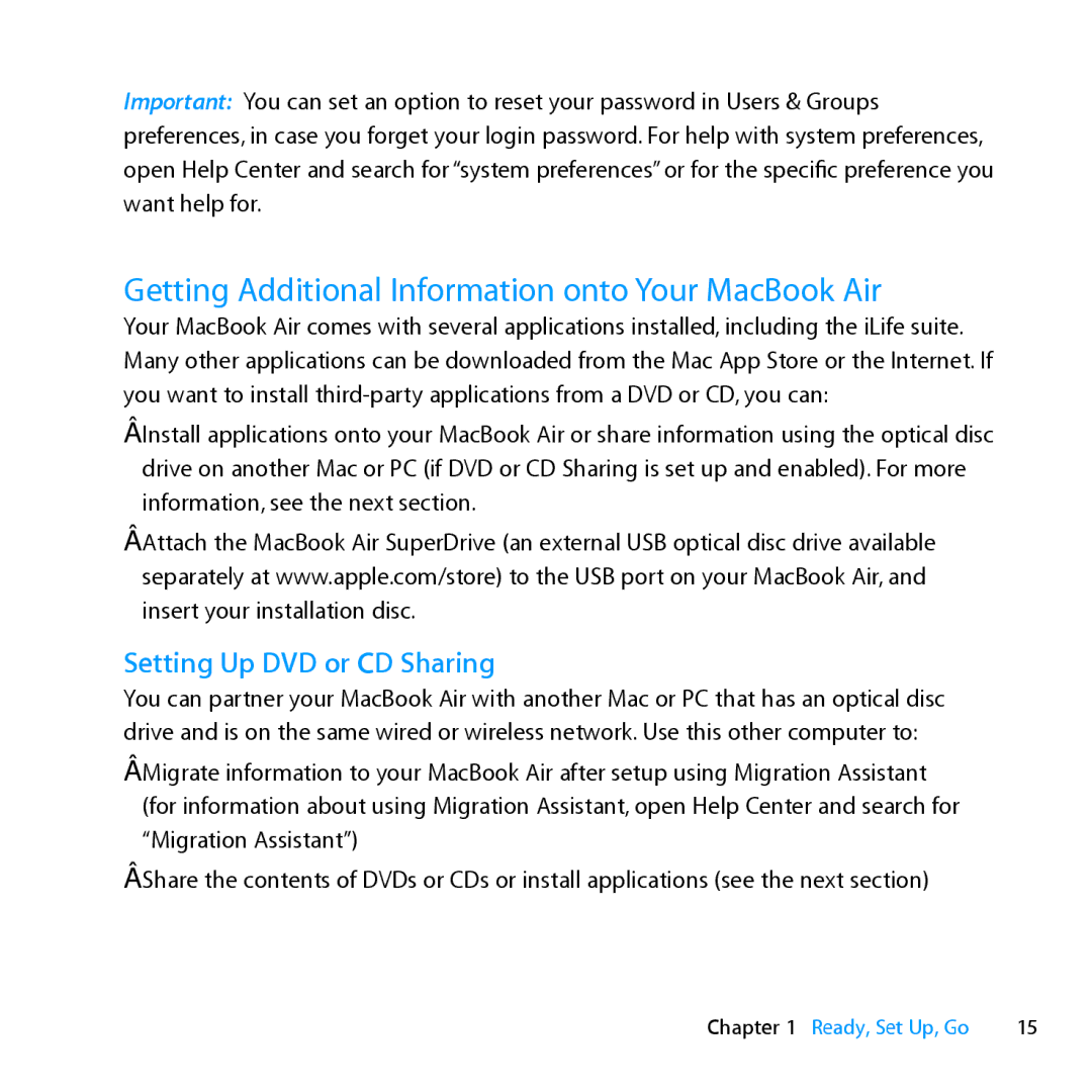 Apple MD231LL/A manual Getting Additional Information onto Your MacBook Air, Setting Up DVD or CD Sharing 