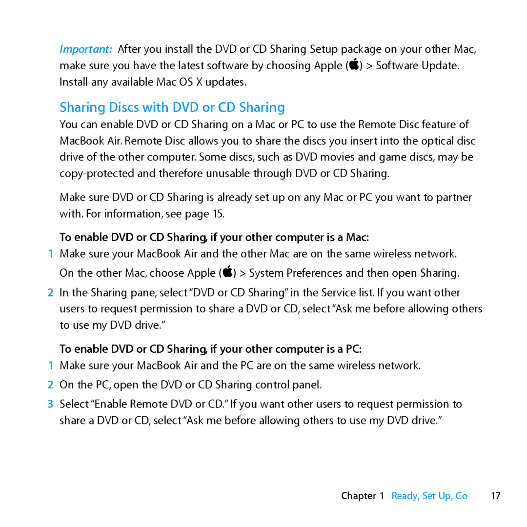 Apple MD231LL/A manual Sharing Discs with DVD or CD Sharing, To enable DVD or CD Sharing, if your other computer is a PC 