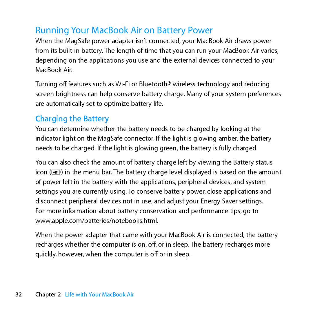 Apple MD231LL/A manual Running Your MacBook Air on Battery Power, Charging the Battery 