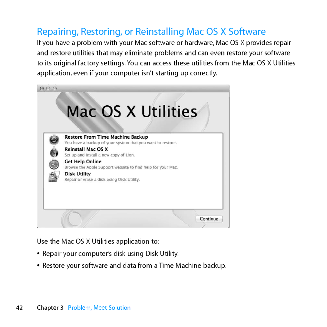 Apple MD231LL/A manual Repairing, Restoring, or Reinstalling Mac OS X Software 