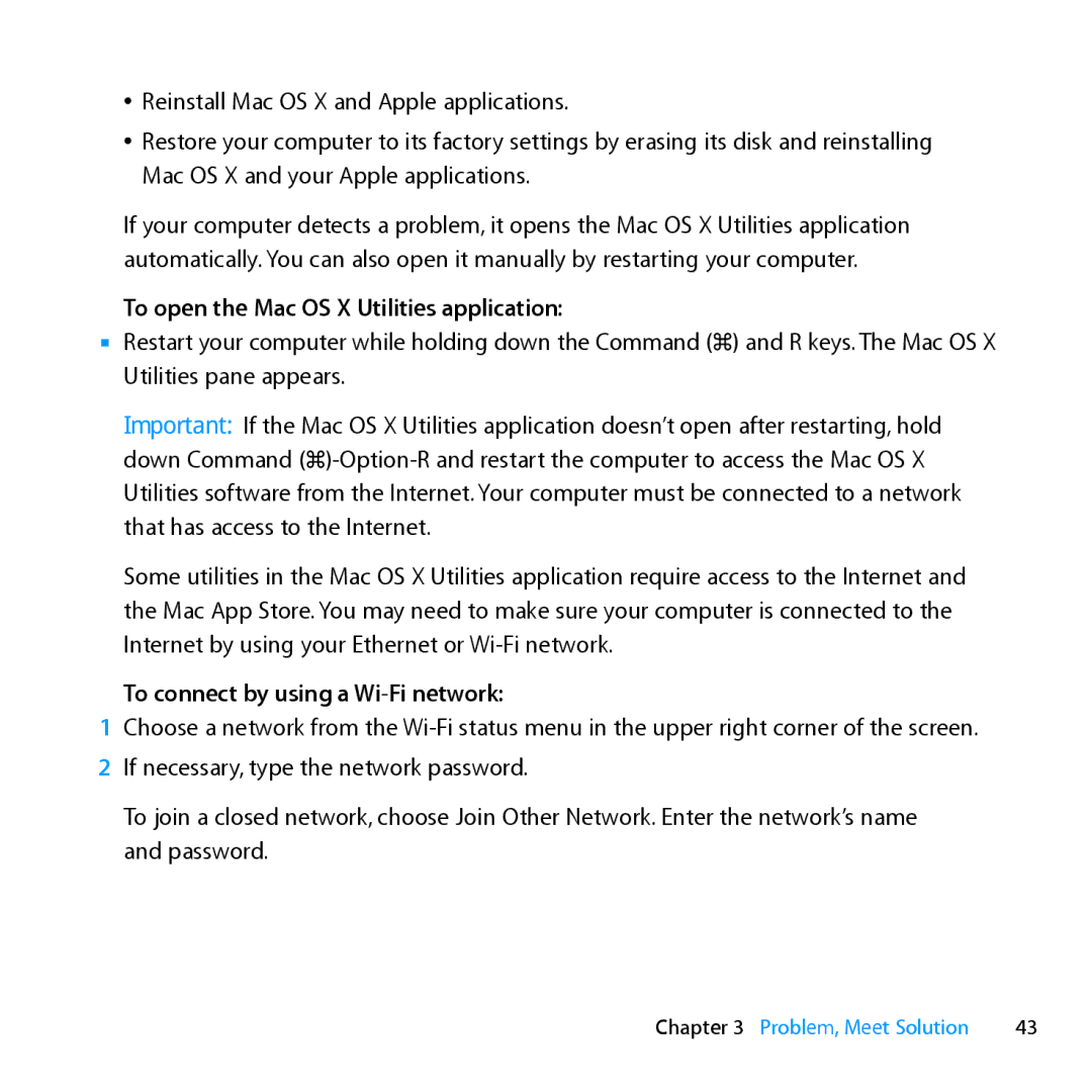 Apple MD231LL/A manual To open the Mac OS X Utilities application, To connect by using a Wi-Fi network 