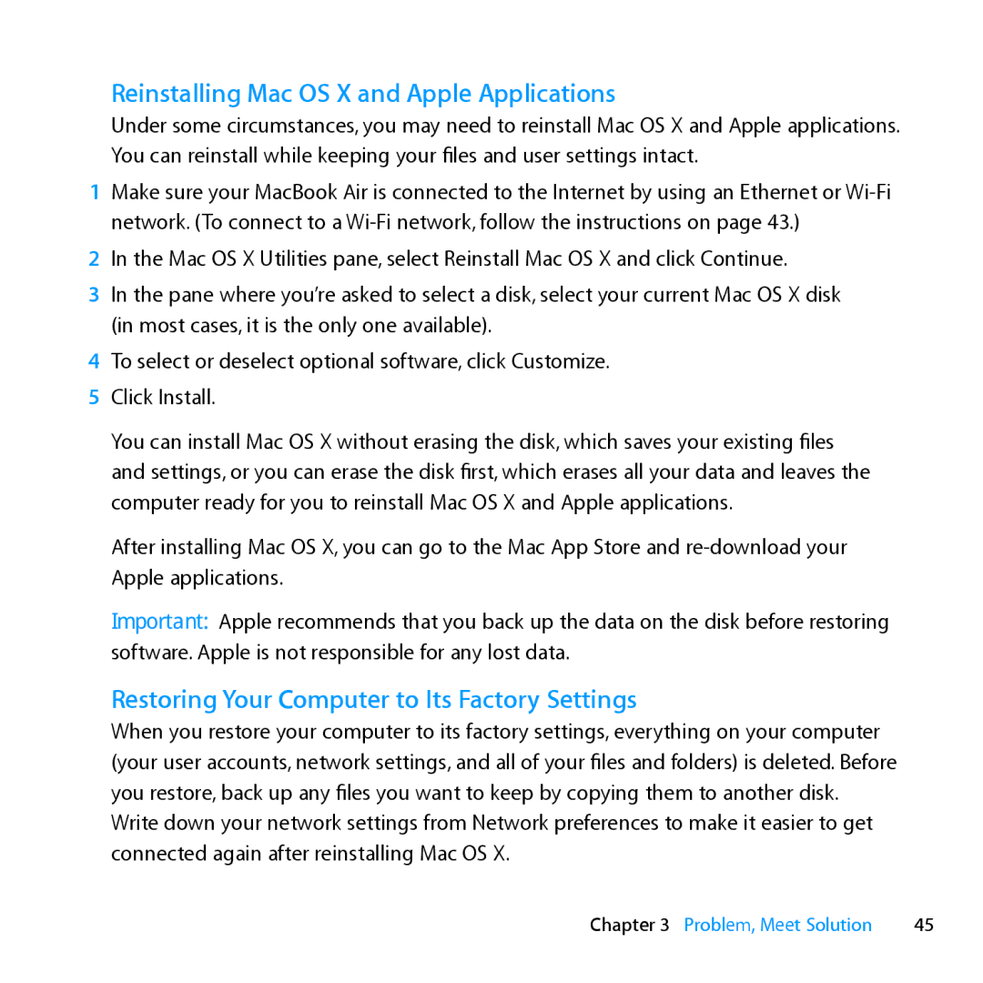 Apple MD231LL/A manual Reinstalling Mac OS X and Apple Applications, Restoring Your Computer to Its Factory Settings 