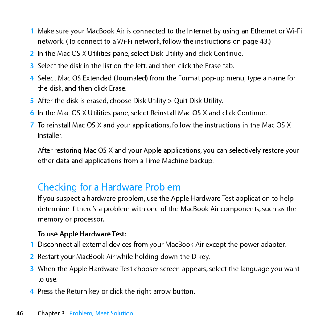 Apple MD231LL/A manual Checking for a Hardware Problem, To use Apple Hardware Test 