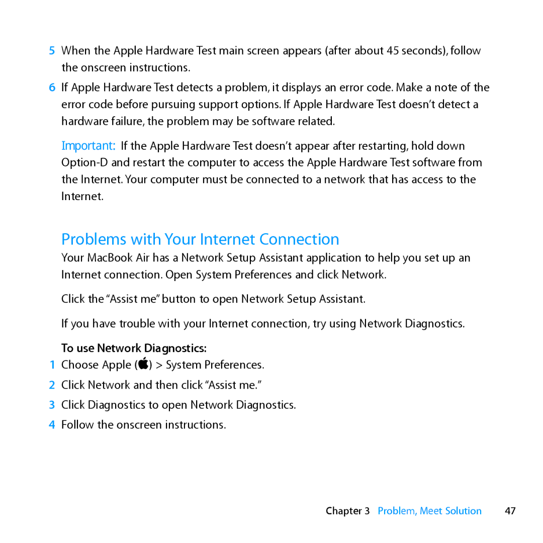 Apple MD231LL/A manual Problems with Your Internet Connection, To use Network Diagnostics 