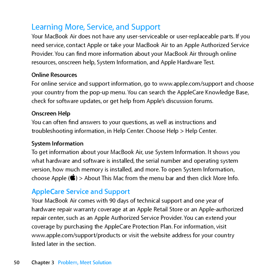 Apple MD231LL/A manual Learning More, Service, and Support, AppleCare Service and Support, Online Resources Onscreen Help 