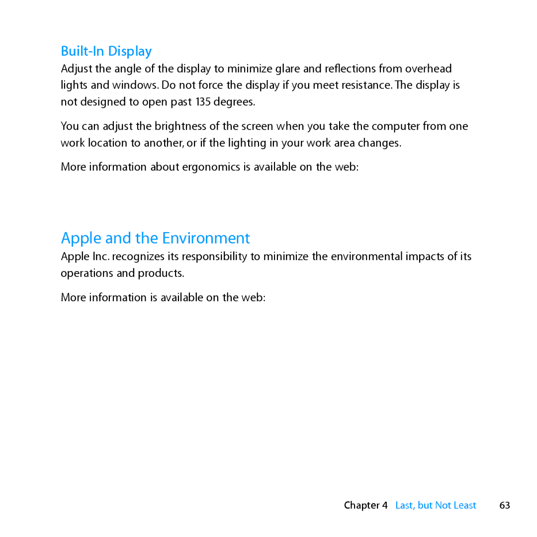 Apple MD231LL/A manual Apple and the Environment, Built-In Display 