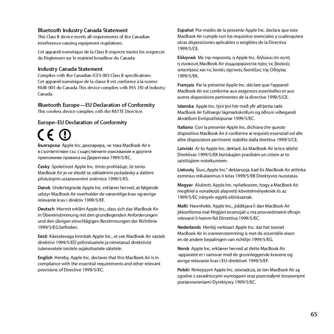 Apple MD231LL/A manual Bluetooth Europe-EU Declaration of Conformity 