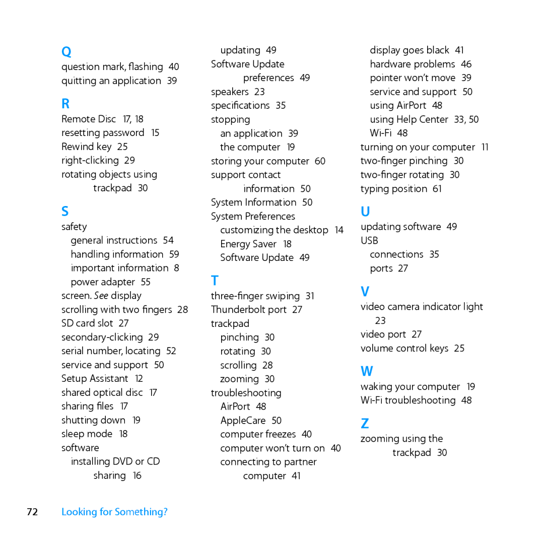 Apple MD231LL/A manual Preferences 49 speakers 23 specifications 35 stopping 