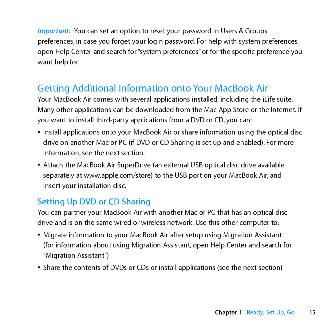 Apple MD231LL/A manual Getting Additional Information onto Your MacBook Air, Setting Up DVD or CD Sharing 