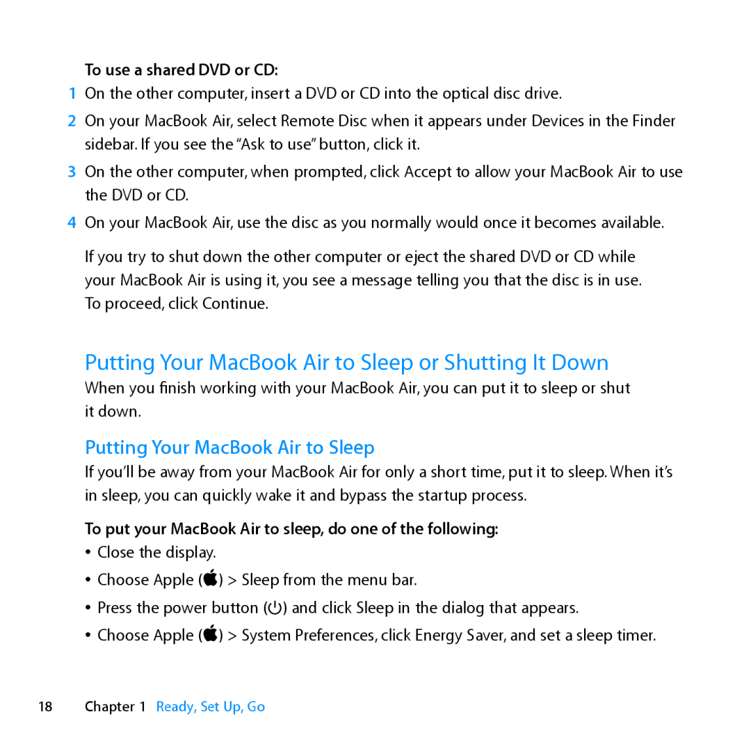 Apple MD231LL/A manual Putting Your MacBook Air to Sleep or Shutting It Down, To use a shared DVD or CD 