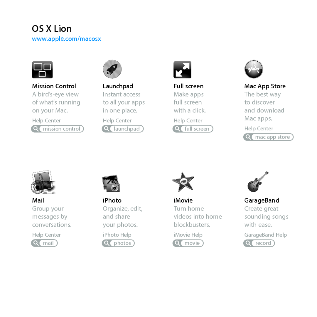Apple MD231LL/A manual OS X Lion, Mission Control, Launchpad, iPhoto, iMovie, GarageBand 