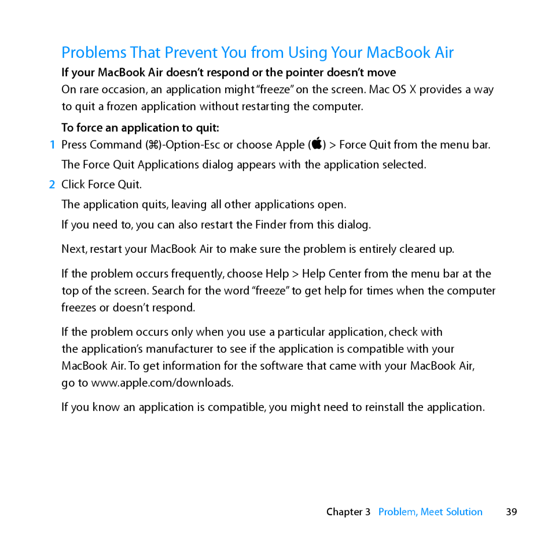 Apple MD231LL/A manual Problems That Prevent You from Using Your MacBook Air, To force an application to quit 