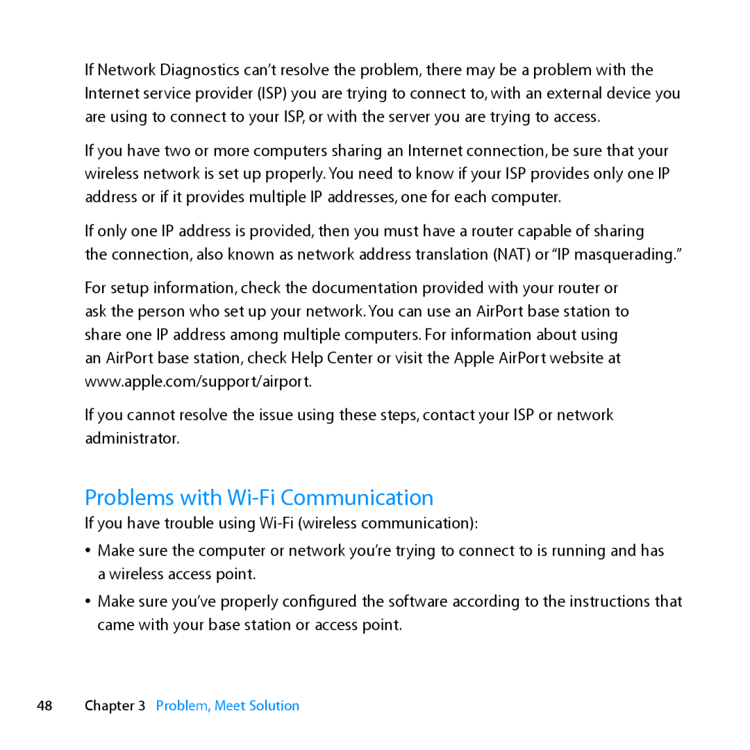 Apple MD231LL/A manual Problems with Wi-Fi Communication 