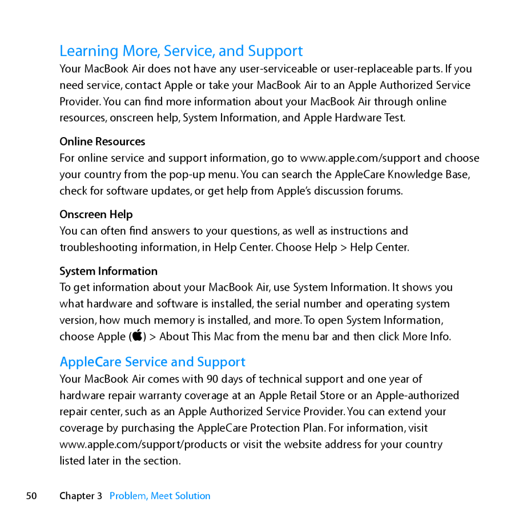 Apple MD231LL/A manual Learning More, Service, and Support, AppleCare Service and Support, Online Resources, Onscreen Help 