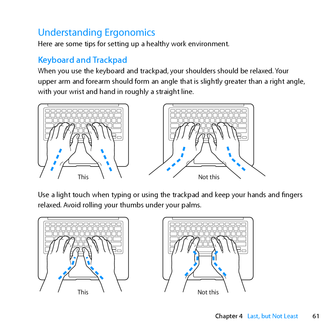 Apple MD231LL/A manual Understanding Ergonomics, Keyboard and Trackpad 