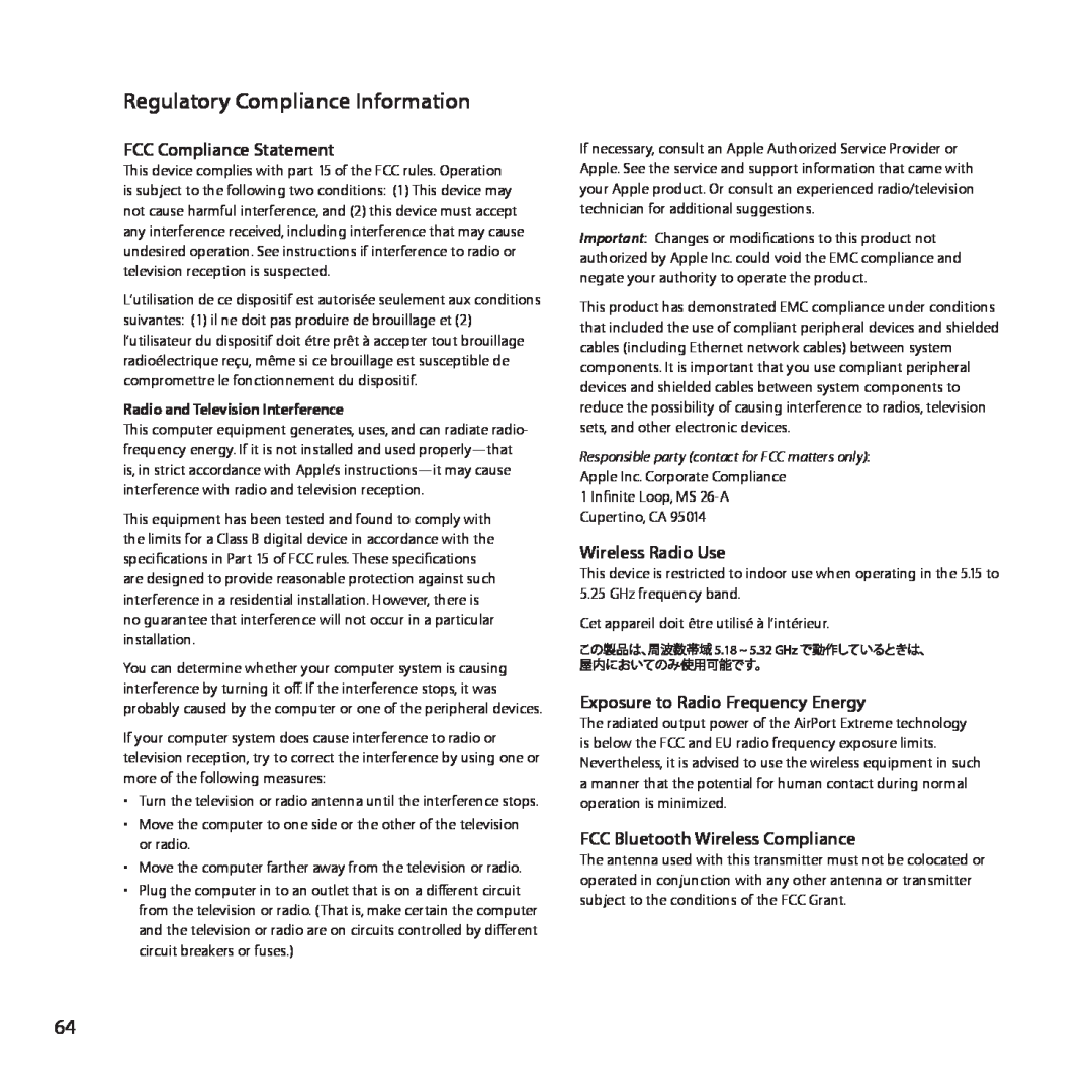 Apple MD231LL/A manual Regulatory Compliance Information, FCC Compliance Statement, Wireless Radio Use 