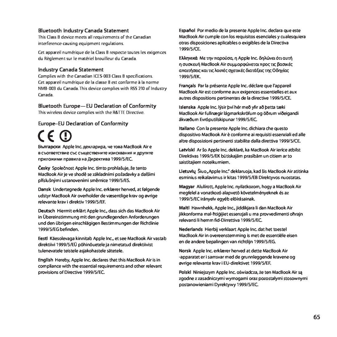 Apple MD231LL/A manual Bluetooth Industry Canada Statement, Bluetooth Europe-EU Declaration of Conformity 