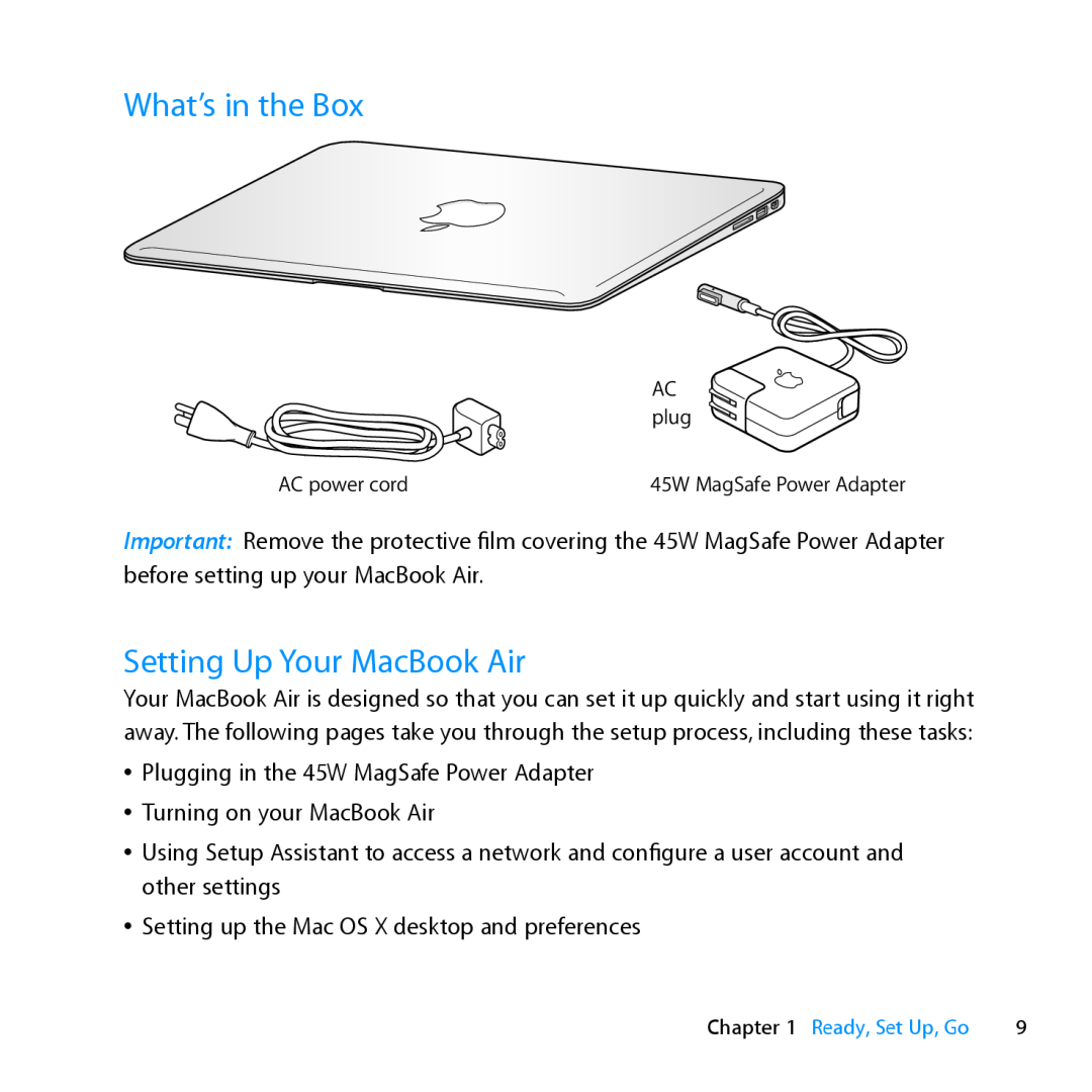 Apple MD231LL/A manual What’s in the Box, Setting Up Your MacBook Air 