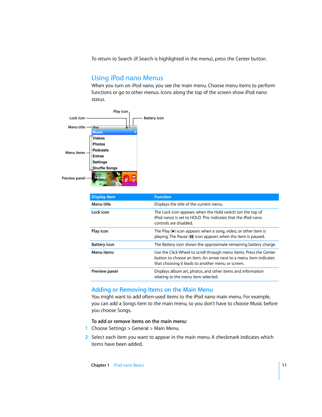 Apple MB754LL/A Using iPod nano Menus, Adding or Removing Items on the Main Menu, To add or remove items on the main menu 