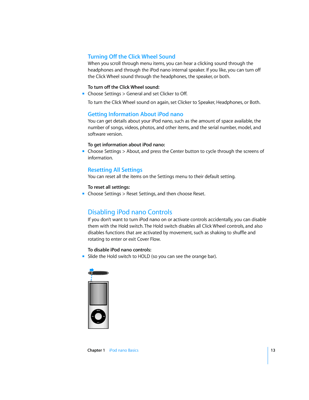 Apple MB754LL/A manual Disabling iPod nano Controls, Turning Off the Click Wheel Sound, Getting Information About iPod nano 