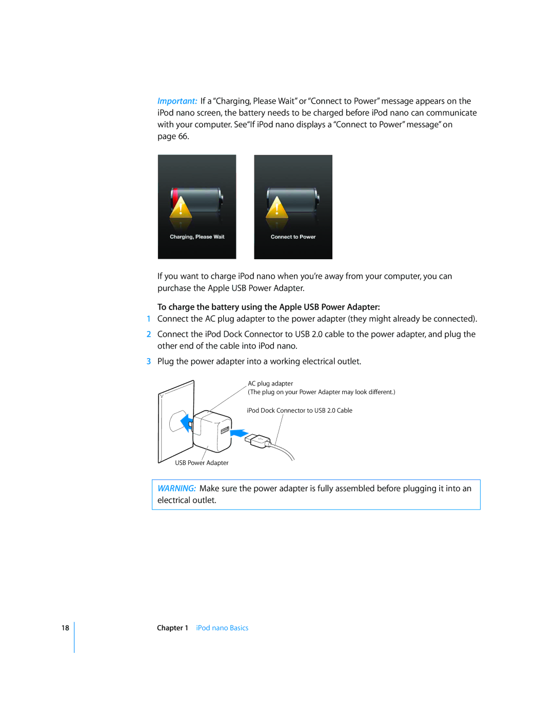 Apple MD479LL/A, MB754LL/A manual To charge the battery using the Apple USB Power Adapter 