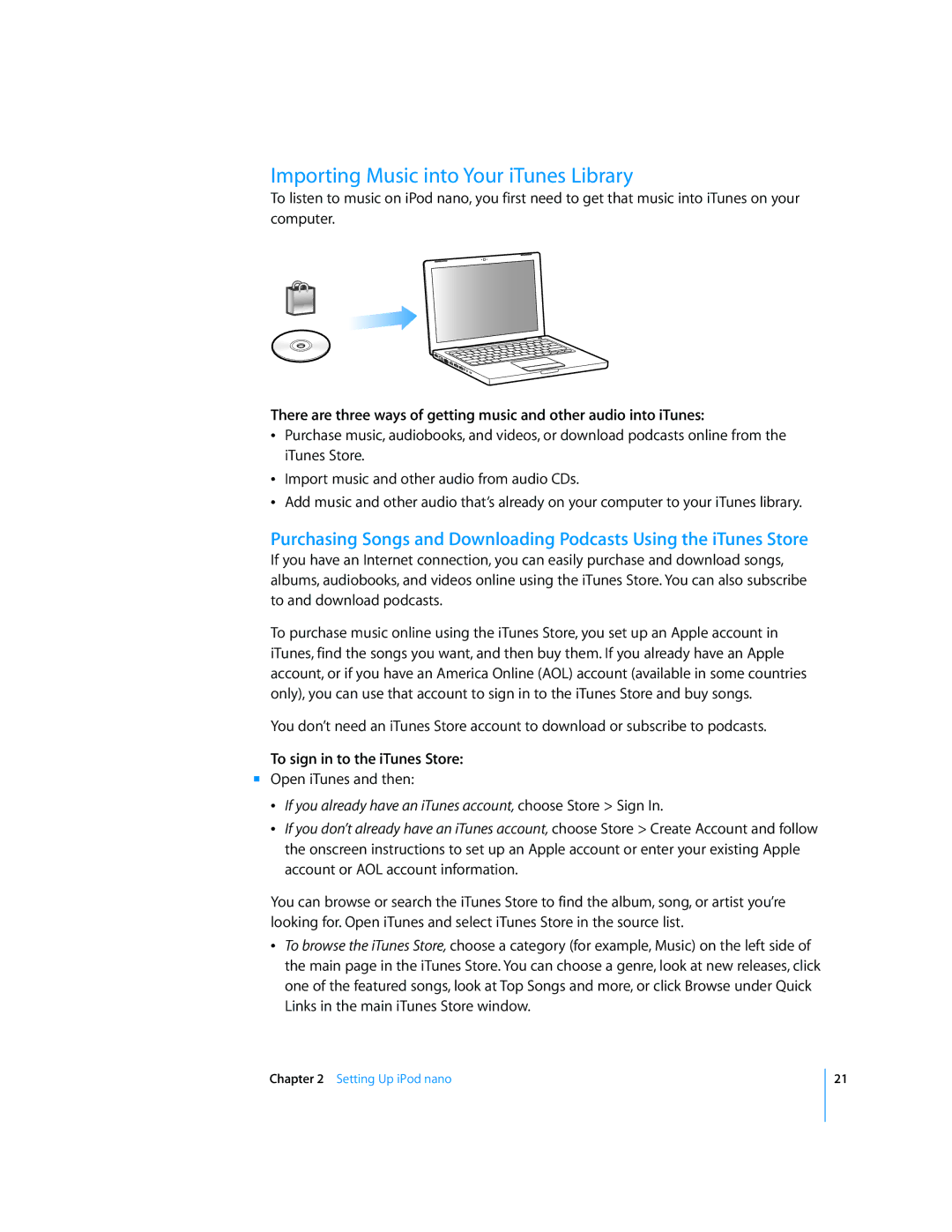 Apple MB754LL/A, MD479LL/A manual Importing Music into Your iTunes Library, To sign in to the iTunes Store 