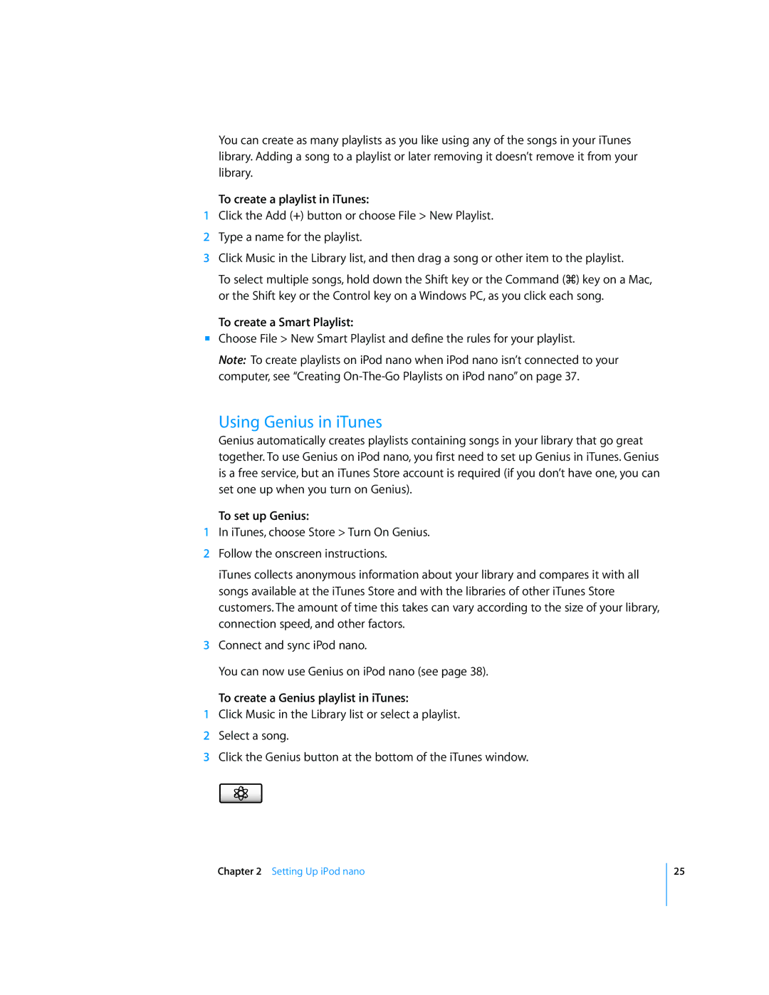 Apple MB754LL/A manual Using Genius in iTunes, To create a playlist in iTunes, To create a Smart Playlist, To set up Genius 
