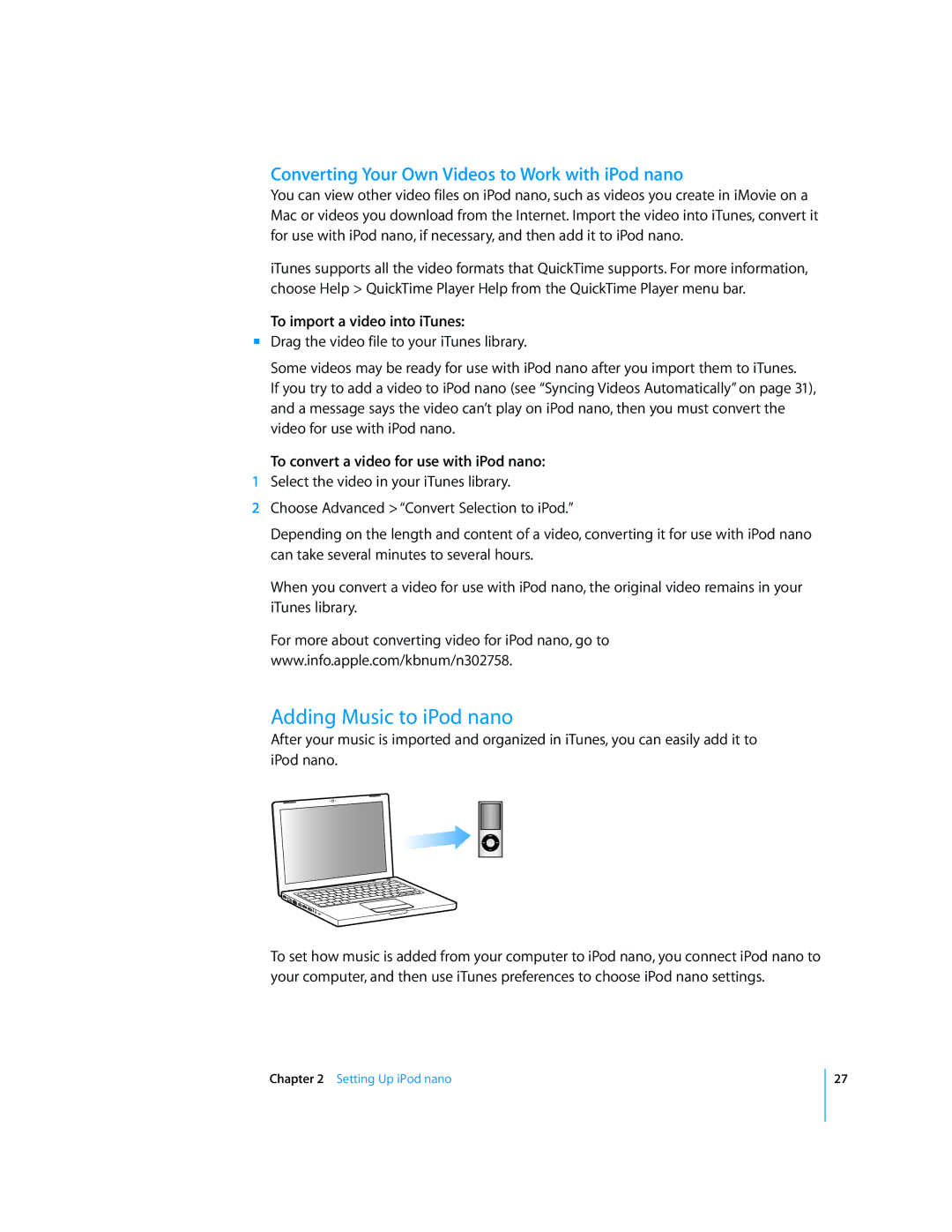 Apple MB754LL/A, MD479LL/A manual Adding Music to iPod nano, Converting Your Own Videos to Work with iPod nano 