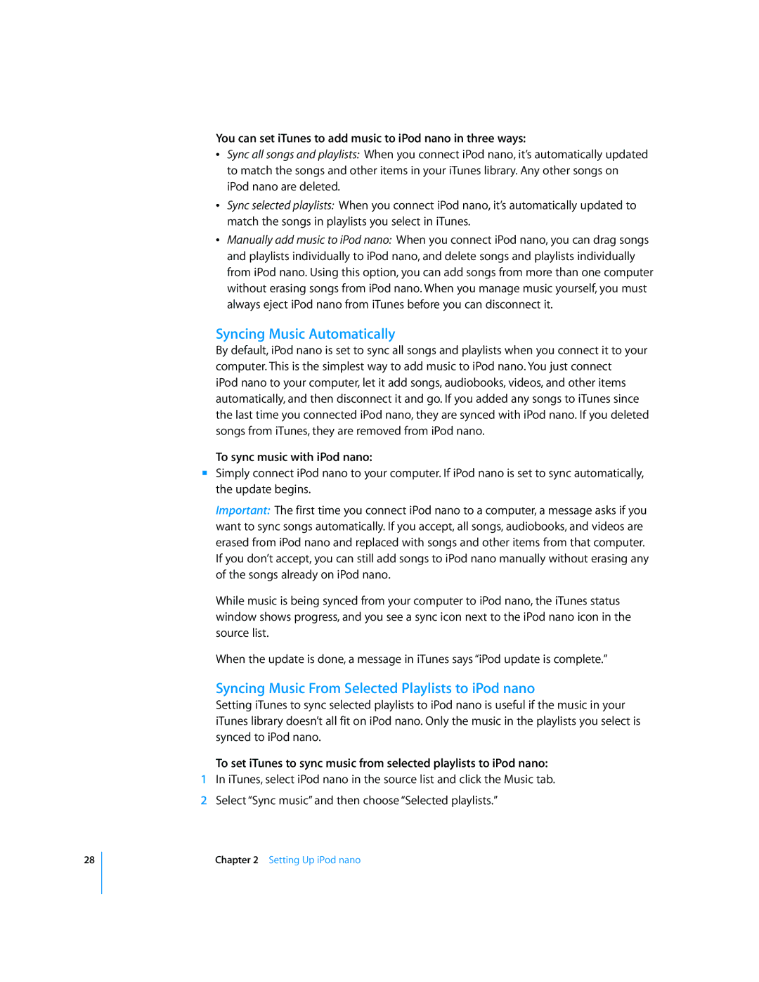 Apple MD479LL/A, MB754LL/A manual Syncing Music Automatically, Syncing Music From Selected Playlists to iPod nano 