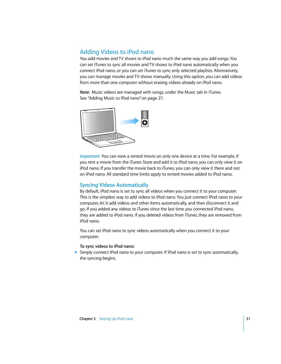 Apple MB754LL/A, MD479LL/A manual Adding Videos to iPod nano, Syncing Videos Automatically, To sync videos to iPod nano 