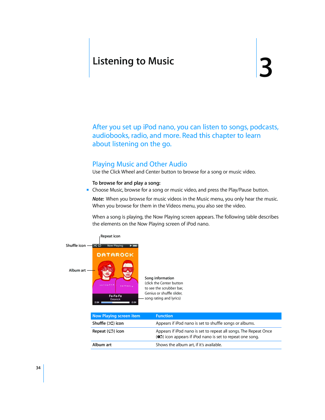 Apple MD479LL/A, MB754LL/A manual Listening to Music, To browse for and play a song 