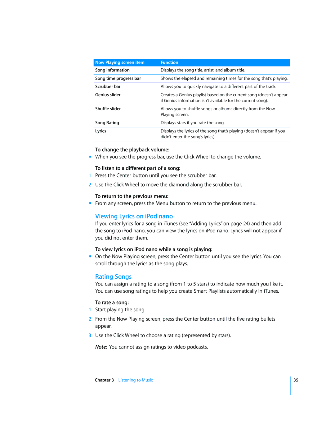 Apple MB754LL/A, MD479LL/A manual Viewing Lyrics on iPod nano, Rating Songs 