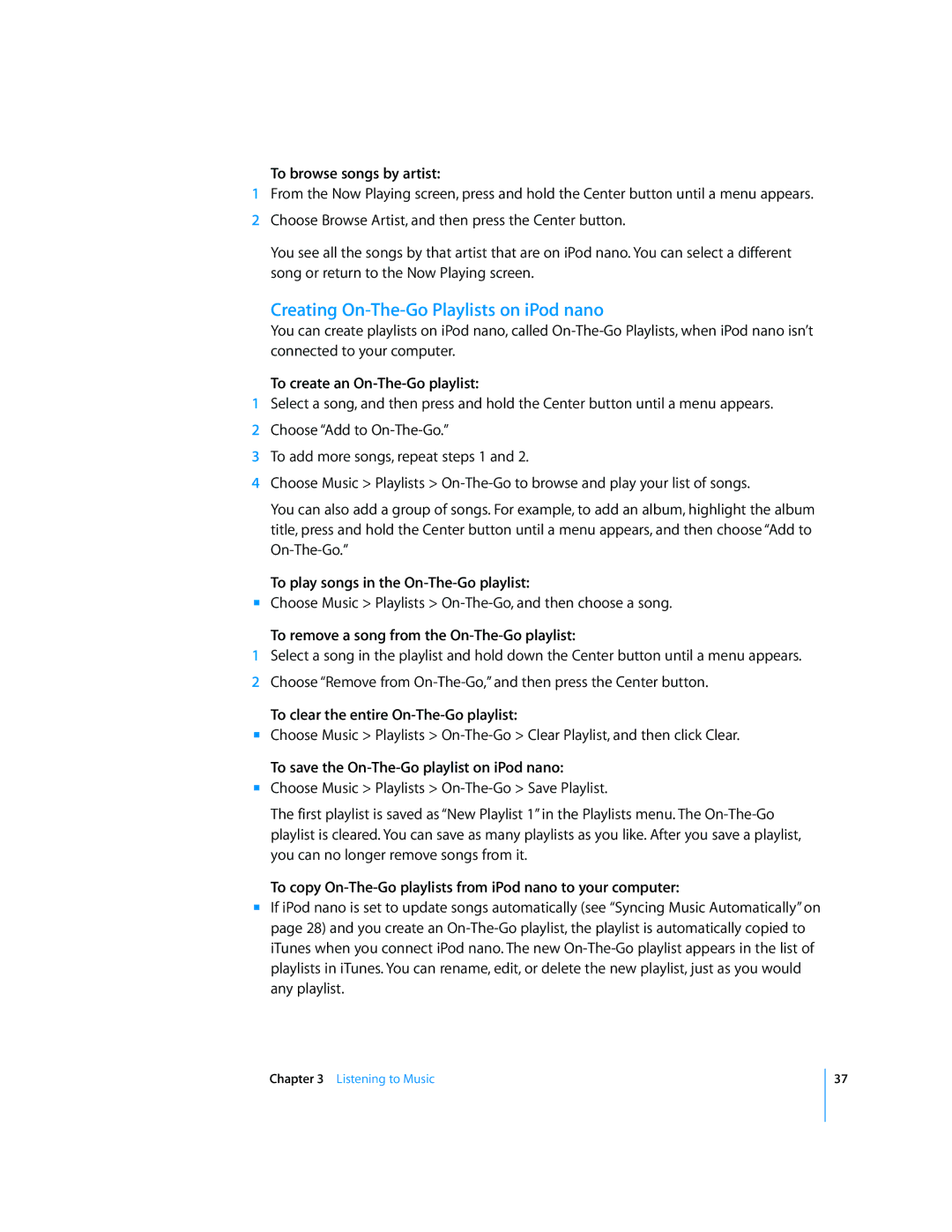 Apple MB754LL/A, MD479LL/A manual Creating On-The-Go Playlists on iPod nano 