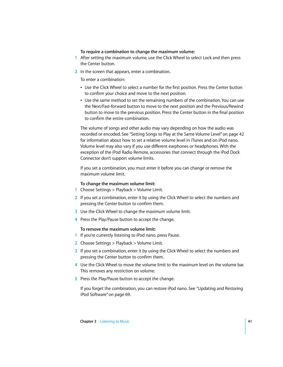 Apple MB754LL/A, MD479LL/A manual To require a combination to change the maximum volume, To change the maximum volume limit 