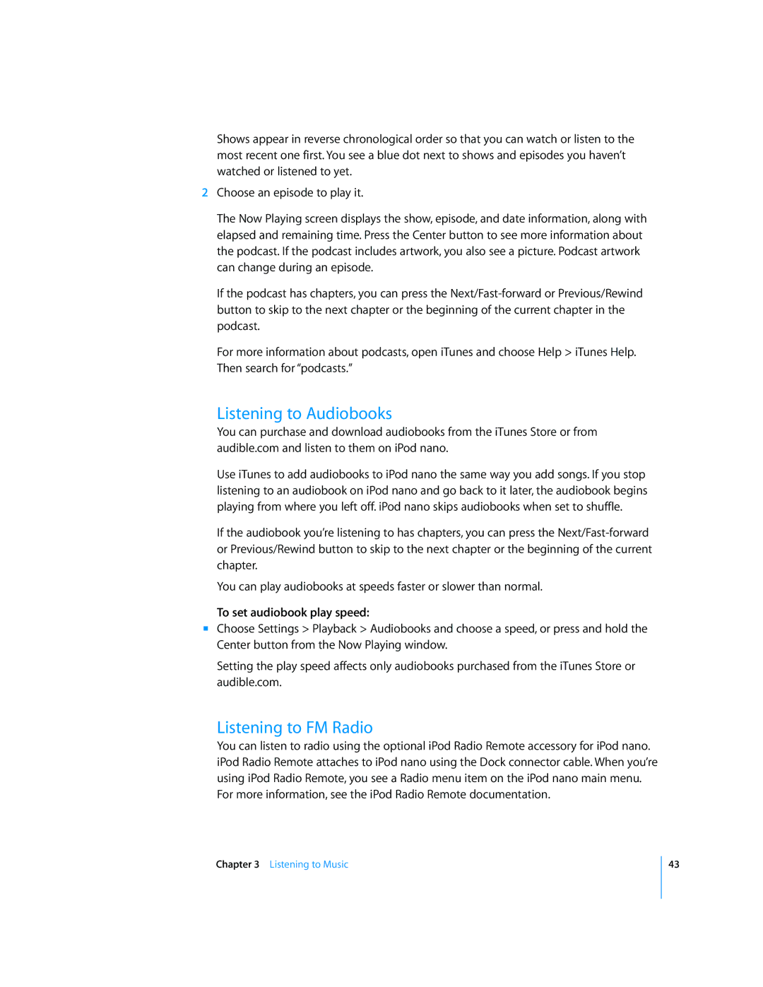 Apple MB754LL/A, MD479LL/A manual Listening to Audiobooks, Listening to FM Radio, To set audiobook play speed 