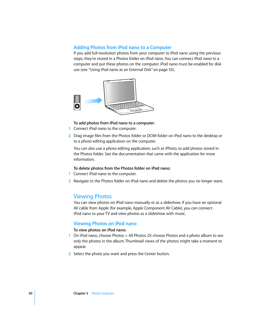 Apple MD479LL/A, MB754LL/A manual Adding Photos from iPod nano to a Computer, Viewing Photos on iPod nano 