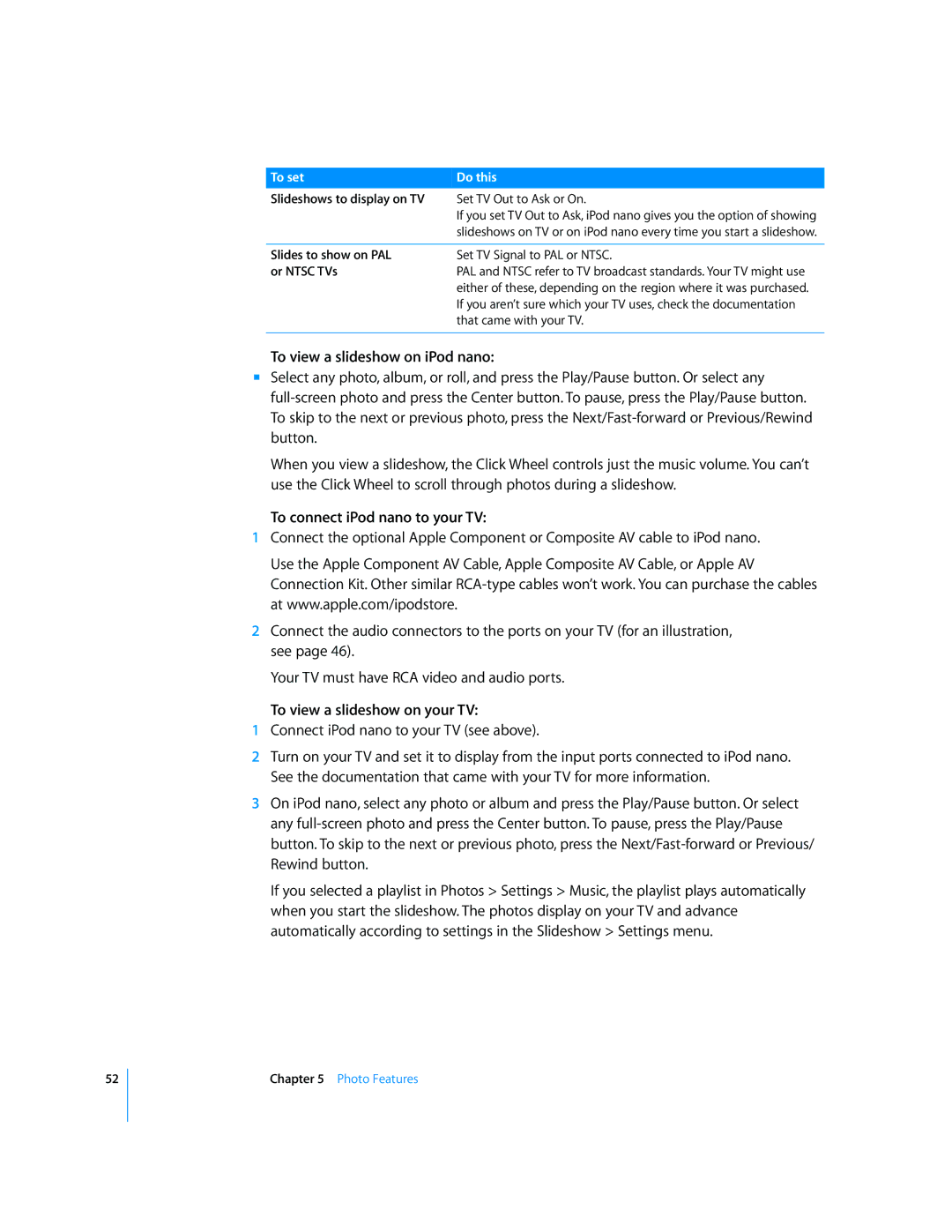 Apple MD479LL/A manual To view a slideshow on iPod nano, To connect iPod nano to your TV, To view a slideshow on your TV 