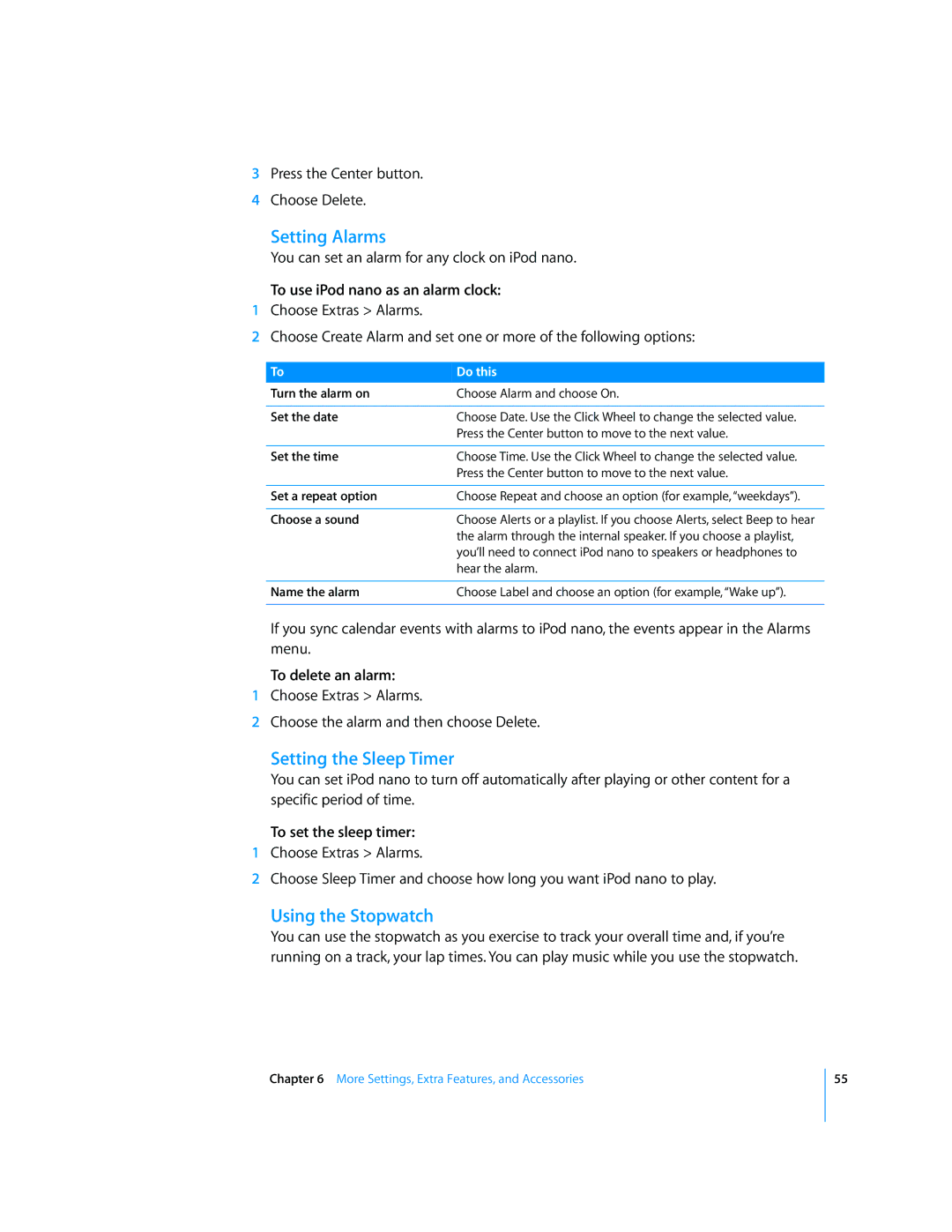 Apple MB754LL/A, MD479LL/A manual Setting Alarms, Setting the Sleep Timer, Using the Stopwatch 