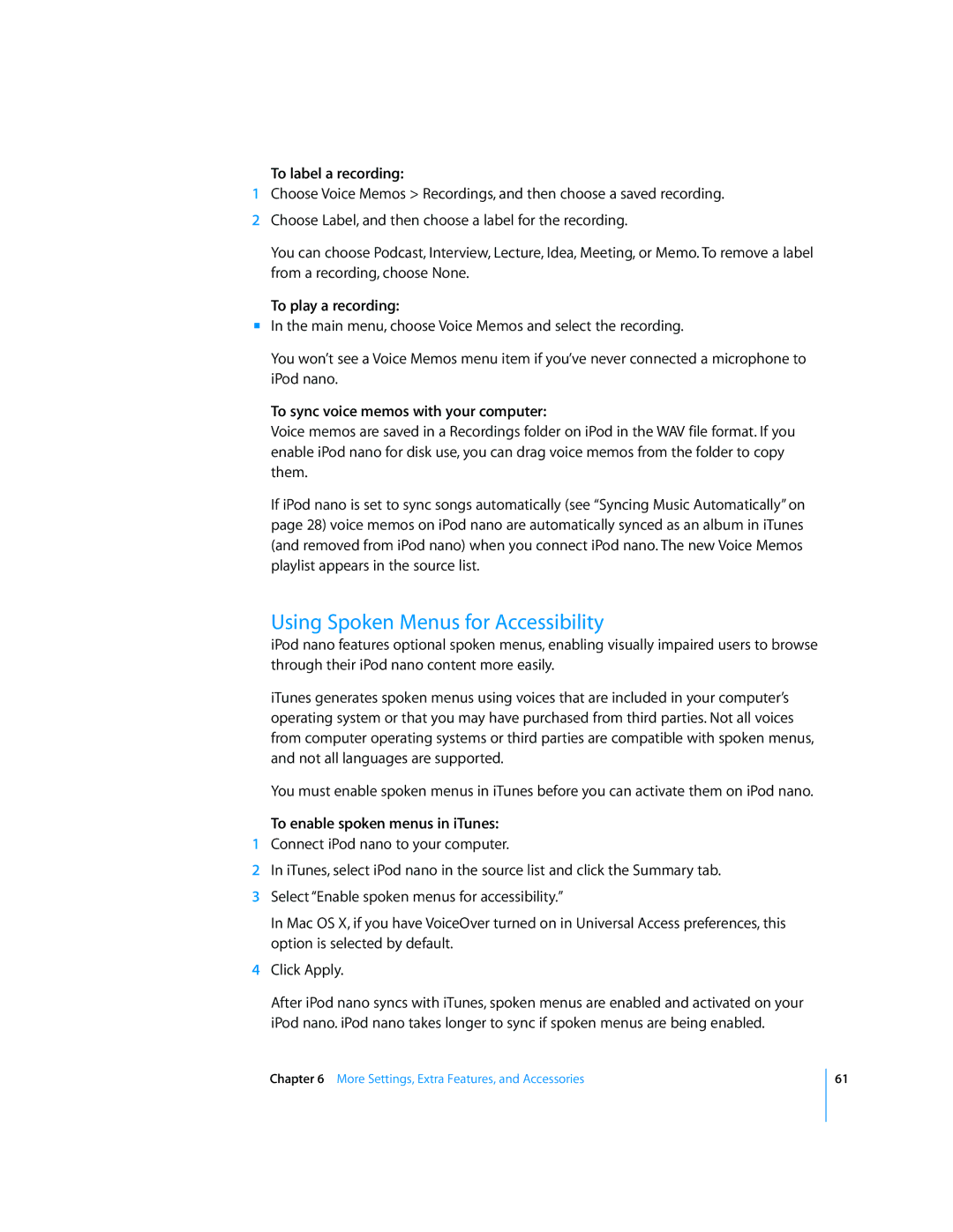 Apple MB754LL/A, MD479LL/A manual Using Spoken Menus for Accessibility, To label a recording, To play a recording 
