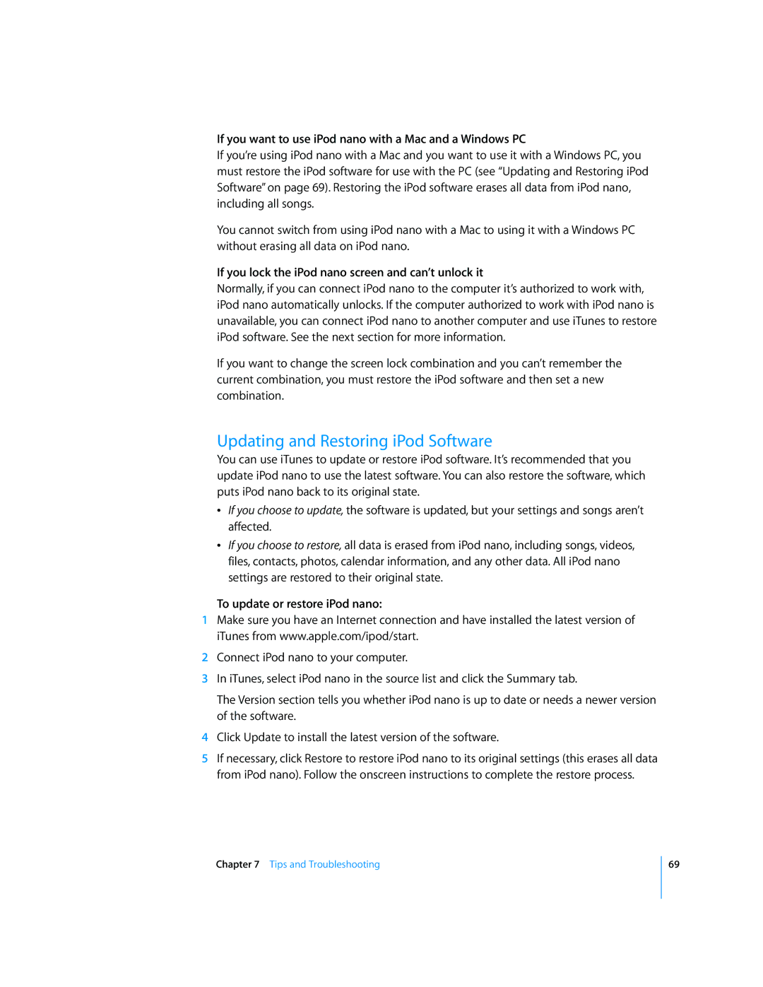 Apple MB754LL/A, MD479LL/A Updating and Restoring iPod Software, If you want to use iPod nano with a Mac and a Windows PC 