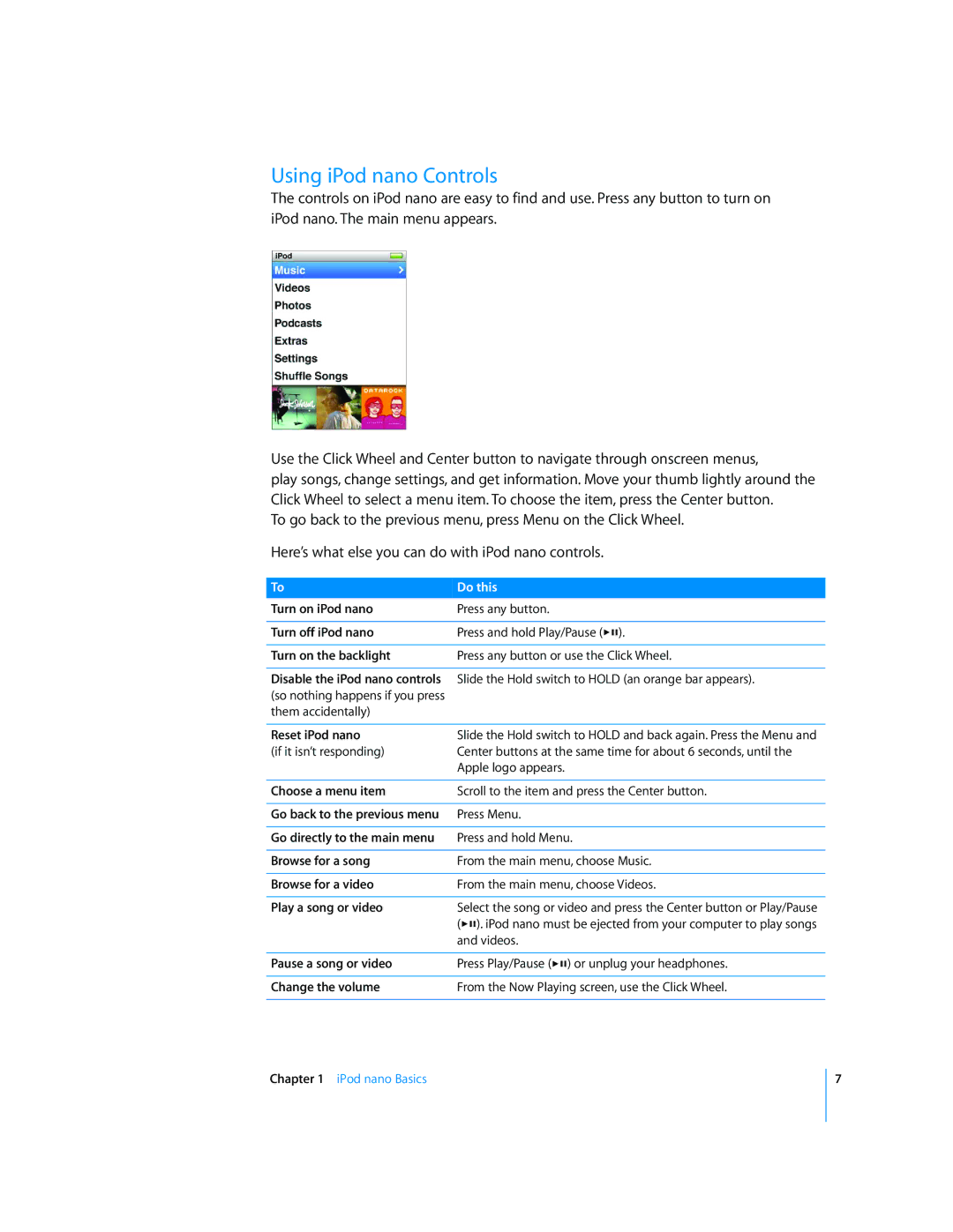 Apple MB754LL/A, MD479LL/A manual Using iPod nano Controls 