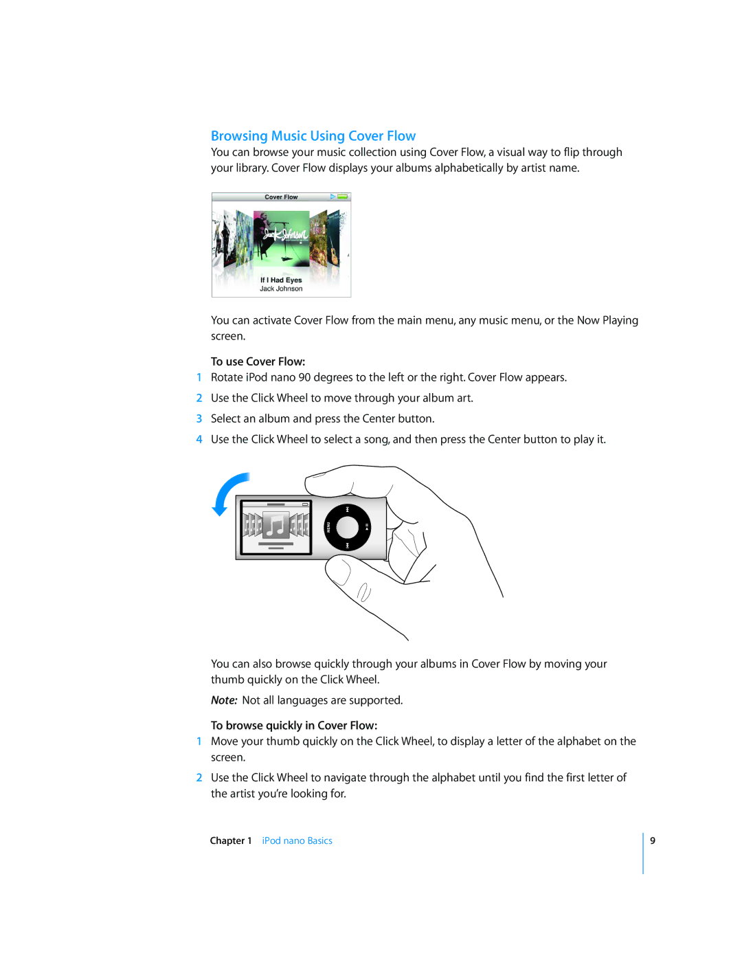 Apple MB754LL/A, MD479LL/A manual Browsing Music Using Cover Flow, To use Cover Flow, To browse quickly in Cover Flow 