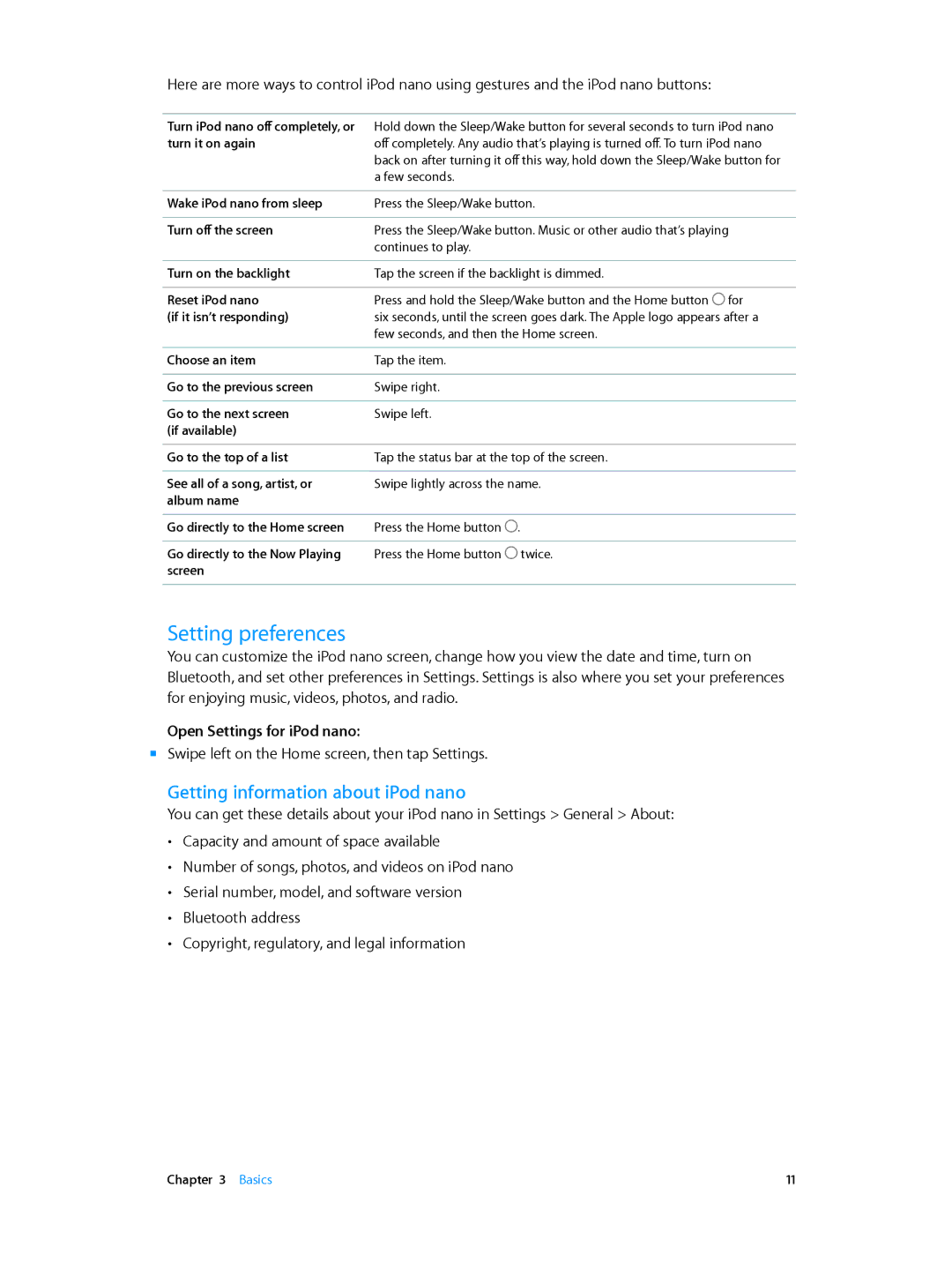 Apple MD478LL/A, MD481LL/A, MD480LL/A Setting preferences, Getting information about iPod nano, Open Settings for iPod nano 