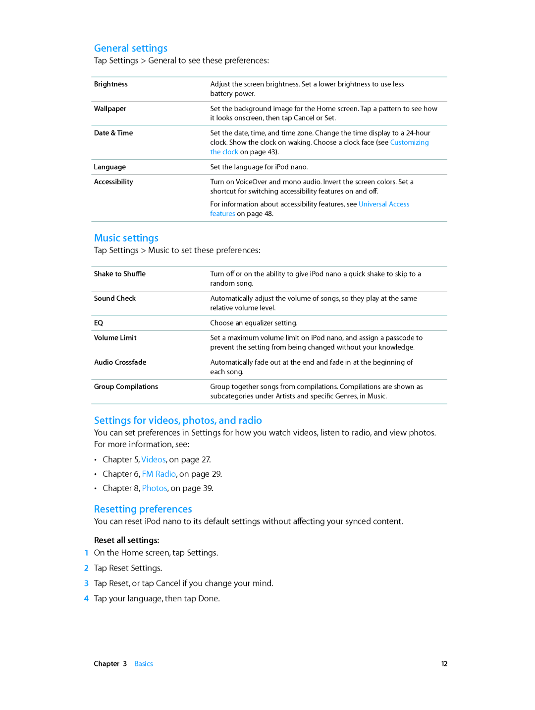 Apple MD480LL/A, MD481LL/A General settings, Music settings, Settings for videos, photos, and radio, Resetting preferences 