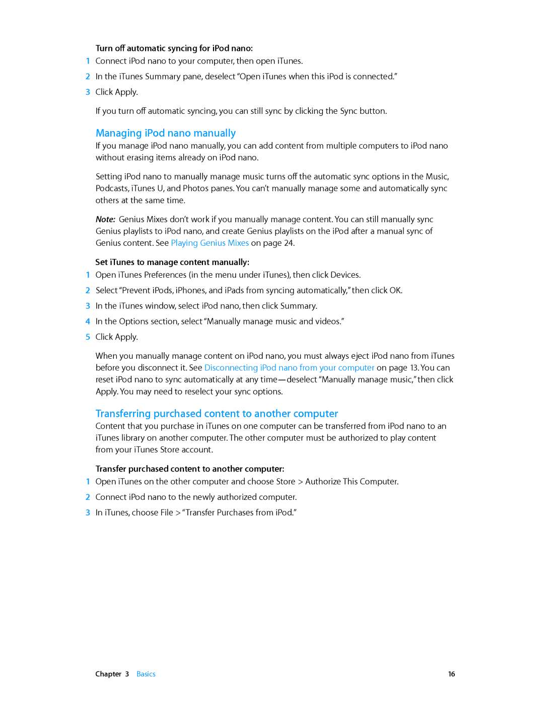 Apple MD478LL/A, MD481LL/A, MD480LL/A Managing iPod nano manually, Transferring purchased content to another computer 