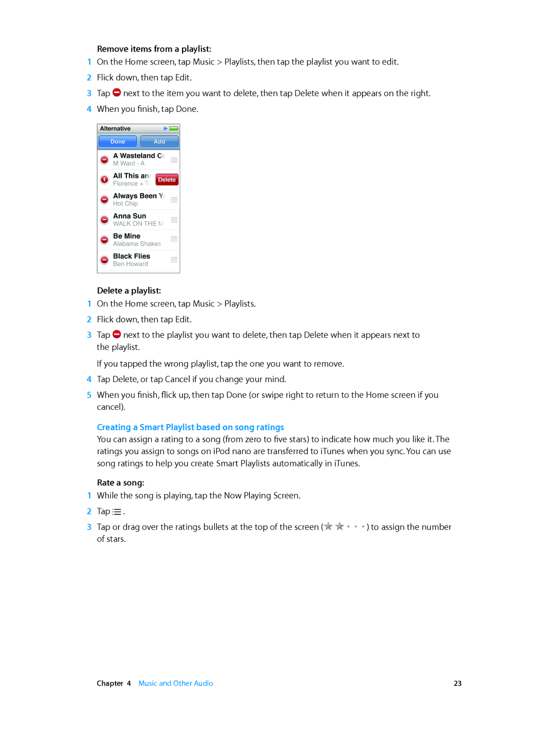 Apple MD477LL/A, MD481LL/A, MD478LL/A, MD480LL/A, MD475LL/A manual Remove items from a playlist, Delete a playlist, Rate a song 
