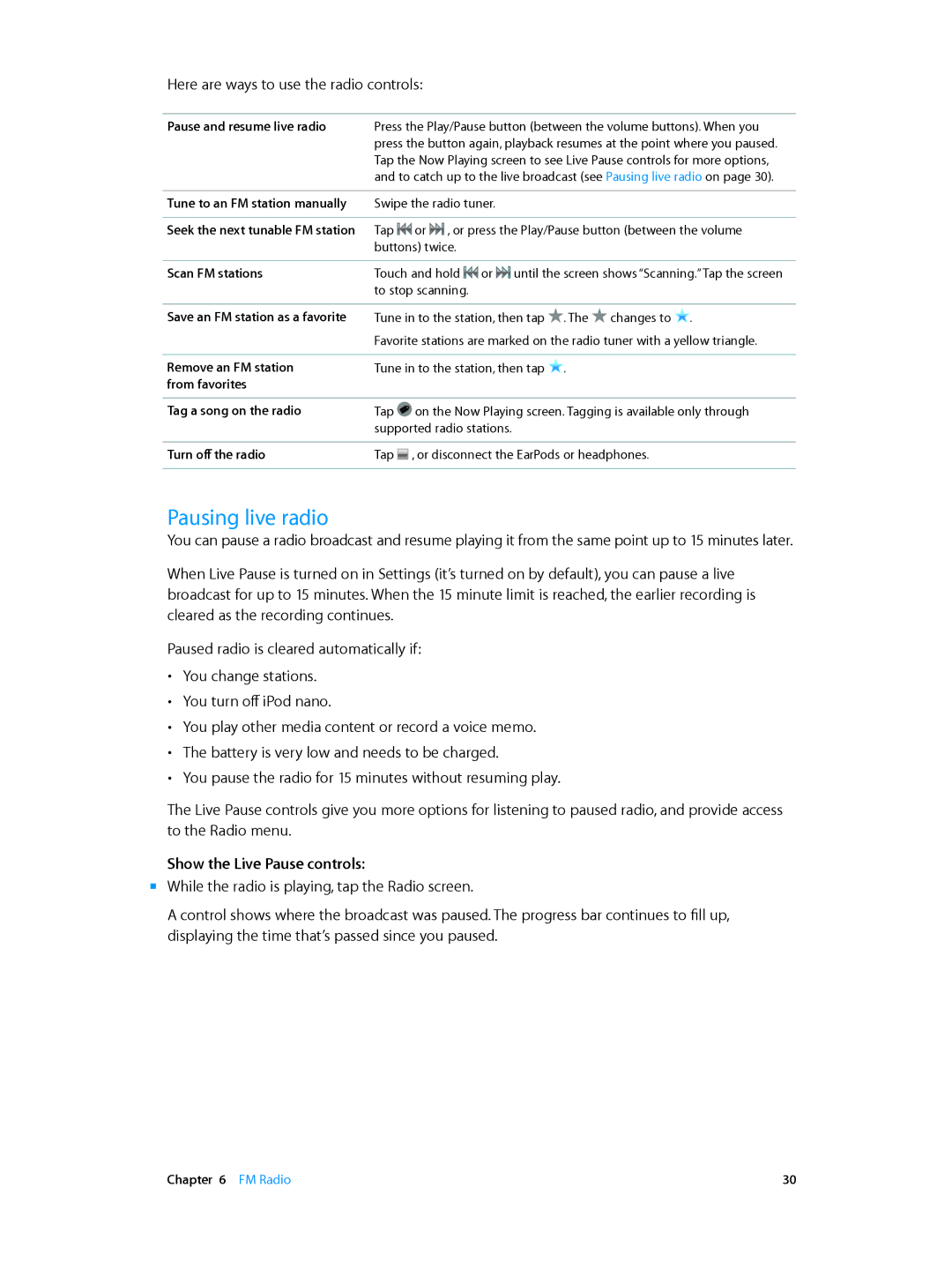 Apple MD481LL/A, MD478LL/A, MD480LL/A, MD477LL/A, MD475LL/A manual Pausing live radio, Show the Live Pause controls 