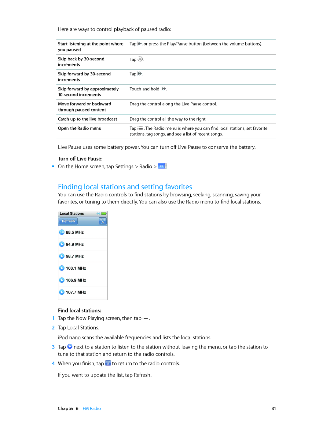 Apple MD478LL/A, MD481LL/A manual Finding local stations and setting favorites, Turn off Live Pause, Find local stations 